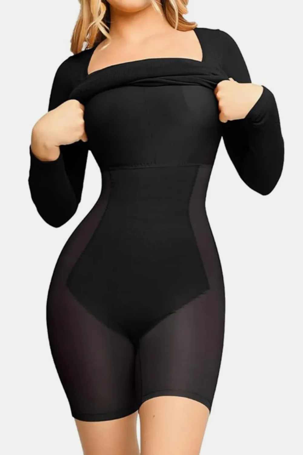 Square Neck Long Sleeve Dress w/ Built-In Shapewear