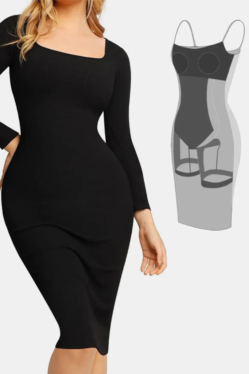 Square Neck Long Sleeve Dress w/ Built-In Shapewear