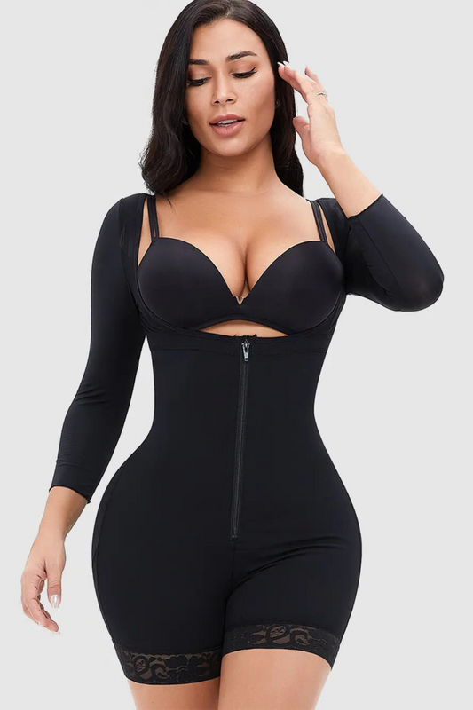 Long Sleeve Bodysuit Shapewear - Zip Up w/ Lace Detail