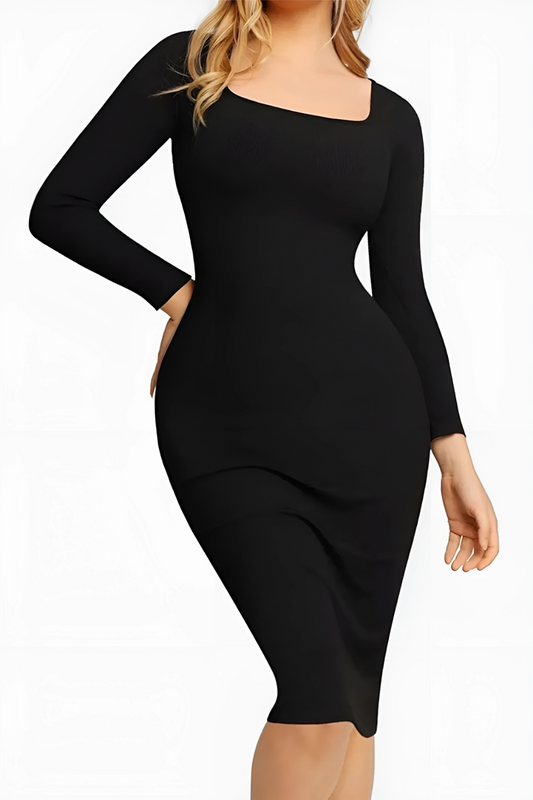 Square Neck Long Sleeve Dress w/ Built-In Shapewear