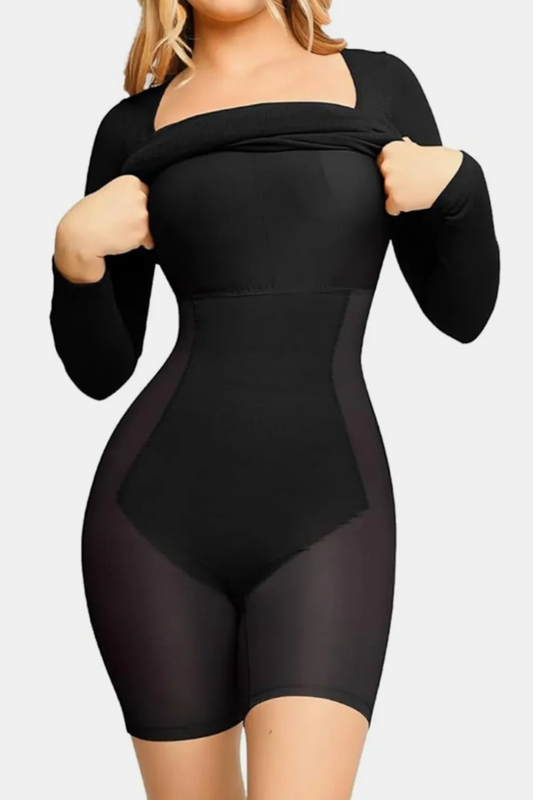 Square Neck Long Sleeve Dress w/ Built-In Shapewear